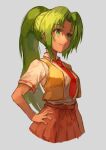  1girl closed_mouth collared_shirt cropped_legs green_eyes green_hair grey_background hair_intakes hand_on_hip higurashi_no_naku_koro_ni long_hair looking_up nasubin_(user_tjyp5584) necktie open_clothes open_vest pink_skirt pleated_skirt ponytail red_necktie school_uniform shirt short_sleeves simple_background skirt smile solo sonozaki_mion very_long_hair vest white_shirt wing_collar yellow_vest 