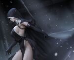 1girl armpits ashes_of_ariandel black_gloves breasts cloak closed_mouth covered_eyes dark_souls_(series) dark_souls_iii from_side gloves habit highres holding holding_scythe kangagi97 large_breasts no_panties nun pelvic_curtain scythe sideboob sister_friede snow solo thighs 