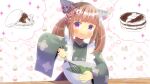  1girl :q animal_ear_fluff animal_ears bangs blush bowl brown_hair closed_mouth commentary_request commission copyright_request eyebrows_visible_through_hair food food-themed_background green_kimono holding holding_bowl japanese_clothes kimono kou_hiyoyo long_hair long_sleeves looking_at_viewer mixing_bowl pancake skeb_commission smile solo sparkle stack_of_pancakes thought_bubble tongue tongue_out twintails upper_body violet_eyes whisk white_background wide_sleeves 