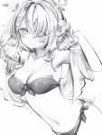  1girl armpits bangs bikini blush braid branch breasts ceres_fauna collarbone greyscale hand_in_own_hair highres hololive hololive_english horns leaf looking_at_viewer medium_breasts monochrome nanashi_(nlo) navel straight_hair swimsuit wavy_hair 