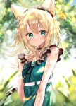  1girl animal_ear_fluff animal_ears arknights bangs bare_arms bare_shoulders black_bow black_hairband blonde_hair blurry blurry_background blurry_foreground bow closed_mouth commentary_request day depth_of_field dog_ears dress eyebrows_visible_through_hair green_dress green_eyes hair_between_eyes hair_bow hairband highres looking_at_viewer onasu_(nasubinari) outdoors podenco_(arknights) podenco_(wake_up_from_a_nap)_(arknights) sleeveless sleeveless_dress smile solo 