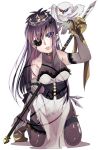  1girl bird breasts chrome_dokuro dress earrings eyepatch full_body gloves jewelry katekyo_hitman_reborn knife long_hair looking_at_viewer monologue pantyhose polearm purple_hair rokudou_mukuro simple_background solo violet_eyes weapon white_background 