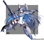  1girl absurdres bangs black_gloves blue_eyes cosplay eyebrows_visible_through_hair gloves grey_hair gun gundam gundam_sentinel highres holding holding_gun holding_weapon hololive hololive_indonesia khaizer long_hair mecha_musume namesake open_hand parted_lips smile solo thigh-highs thigh_strap very_long_hair vestia_zeta virtual_youtuber weapon zeta_plus zeta_plus_(cosplay) 