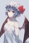  1girl ap5ry bangs bat_wings blue_hair bow camisole dress hat hat_ribbon highres mob_cap red_bow red_eyes red_ribbon remilia_scarlet ribbon short_hair sleeveless spaghetti_strap touhou undershirt upper_body vampire white_camisole white_dress wings 