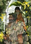  2boys bandaged_foot bandages barefoot beard black_eyes black_hair braid carrying drenched-in-sunlight facial_hair father_and_son forest great_shinobi_owl grey_hair hair_between_eyes highres holding holding_leaf jitome leaf long_hair looking_at_viewer looking_to_the_side male_focus multiple_boys nature old old_man red_eyes sanpaku sash sekiro sekiro:_shadows_die_twice shoulder_carry stirrup_legwear toeless_legwear very_long_hair younger 