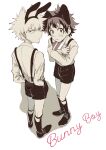  2boys absurdres animal_ears bakugou_katsuki blush boku_no_hero_academia crossed_arms english_text eyebrows_visible_through_hair fake_animal_ears freckles hands_in_pockets highres holding holding_tray looking_at_viewer looking_back male_focus monochrome multiple_boys rabbit_ears rabbit_tail rapiko shirt shorts simple_background spiky_hair spot_color suspenders tail tearing_up tray white_background 
