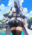  1girl ass beach black_legwear black_shorts blue_hair blue_sky blurry blurry_background clouds cloudy_sky eiyuu_densetsu highres holding holding_sword holding_weapon jacket keisukeaero laura_s._arseid long_hair outdoors ponytail sen_no_kiseki shorts sky sleeves_rolled_up solo sword thigh-highs weapon white_jacket 