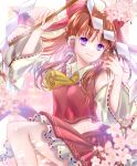  1girl artist_request ascot bow brown_hair cherry_blossoms detached_sleeves flower gohei hair_bow hair_tubes hakurei_reimu hand_up highres holding holding_stick long_hair looking_at_viewer petals red_skirt shirt skirt skirt_set smile solo stick touhou violet_eyes wide_sleeves 