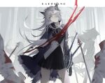  1girl animal_ears arknights bangs black_jacket black_shorts blood character_name closed_mouth jacket lappland_(arknights) long_hair looking_at_viewer scar scar_across_eye sheath sheathed shorts shui_ran_moon solo sword tail weapon white_hair wolf_ears wolf_girl wolf_tail yellow_eyes 