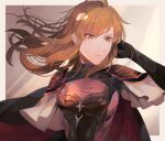  1girl bangs black_gloves blonde_hair breasts cleavage_cutout closed_mouth clothing_cutout dappled_sunlight elbow_gloves fire_emblem fire_emblem:_genealogy_of_the_holy_war gloves kabitakamaboko lachesis_(fire_emblem) light_rays long_hair looking_away official_alternate_costume simple_background solo sunlight upper_body yellow_eyes 