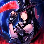  1other alinalal_art androgynous ascot bare_shoulders black_hair black_headwear eyelashes fingerless_gloves gloves guilty_gear guilty_gear_strive hat long_hair looking_at_viewer red_eyes scythe testament_(guilty_gear) top_hat 