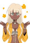  1girl artist_request bikini blue_eyes bracelet danganronpa_(series) danganronpa_v3:_killing_harmony dark-skinned_female dark_skin eyebrows_visible_through_hair floral_background frilled_bikini frills highres jacket jewelry long_sleeves necklace nose seashell shell shell_necklace smile solo swimsuit tan white_hair yellow_jacket yonaga_angie 