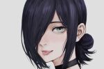  1girl asymmetrical_hair black_choker black_hair chainsaw_man choker close-up commentary eyelashes face green_eyes grey_background hair_bun hair_over_one_eye looking_at_viewer parted_lips raberu_ruru reze_(chainsaw_man) short_hair simple_background smile smirk solo tongue tongue_out 