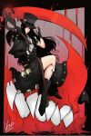  1other absurdres androgynous ascot asymmetrical_gloves asymmetrical_sleeves bare_shoulders black_hair black_headwear buttons commission fingerless_gloves full_body gloves guilty_gear guilty_gear_strive hat highres long_hair red_eyes scythe skull testament_(guilty_gear) top_hat 