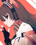  1girl :p animal_ears april_(arknights) arknights bangs black_gloves brown_eyes brown_hair closed_mouth eyebrows_visible_through_hair from_side gloves hair_between_eyes hand_up highres jacket long_hair partially_fingerless_gloves profile red_background smile solo tetuw tongue tongue_out white_jacket 