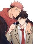  2boys arm_on_shoulder bangs blush brown_eyes bruise clenched_hand closed_mouth collared_shirt drawstring fushiguro_megumi green_eyes hair_between_eyes height_difference highres hood hood_down hoodie injury itadori_yuuji jacket jujutsu_kaisen long_sleeves looking_at_viewer multiple_boys necktie open_clothes pink_hair red_hoodie red_necktie school_uniform shirt short_hair somwang_07 spiky_hair undercut white_shirt younger 