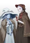  2girls absurdres ascot bangs bloodborne blue_eyes blue_hair blue_skin bonnet cloak colored_skin cracked_skin crossover doll doll_joints dress elden_ring extra_arms extra_faces flower fur_cloak gloves hat highres hsu1231 jewelry joints long_hair multiple_girls one_eye_closed plain_doll ranni_the_witch rose short_hair silver_hair smile swept_bangs tricorne white_dress white_hair witch witch_hat 