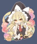  1girl antenna_hair blonde_hair blush bow braid cropped_torso flower hat kirisame_marisa long_hair looking_at_viewer outline puffy_sleeves purple_background shirt simple_background smile solo striped touhou upper_body vertical_stripes white_outline witch_hat yaco_(nuitnotte) yellow_eyes 