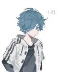  1boy black_shirt blue_eyes blue_hair character_age child chinese_commentary closed_mouth commentary_request hood hood_down hooded_jacket jacket looking_at_viewer male_focus original shirt short_hair simple_background solo upper_body white_background white_jacket yusa_(yusa0751) 