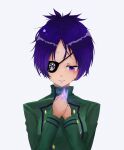  1girl absurdres breasts chrome_dokuro closed_mouth crying crying_with_eyes_open eyepatch highres jewelry katekyo_hitman_reborn orange_wild purple_hair ring school_uniform short_hair simple_background smile solo tears violet_eyes 