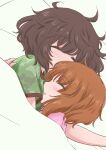  2girls akiyama_yukari blush brown_hair camouflage closed_eyes cuddling eyebrows_visible_through_hair girls_und_panzer hazuki_haru highres hug multiple_girls nishizumi_miho on_bed open_mouth shiny shiny_hair short_hair sleeping yuri 