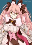  1girl animal_ear_fluff animal_ears artist_name bangs black_bow bow breasts cape commentary_request dress_shirt eyebrows_visible_through_hair fate/grand_order fate_(series) fox_girl fur-trimmed_cape fur_trim glasses hair_between_eyes hair_bow heart highres izumi_minami koyanskaya_(assassin)_(second_ascension)_(fate) koyanskaya_(fate) large_breasts long_hair long_sleeves looking_at_viewer open_mouth pink_hair shirt sidelocks sketch smile solo tamamo_(fate) twintails twitter_username underbust white_cape yellow_eyes 