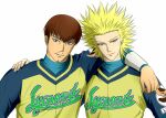  2boys arm_around_neck baseball_uniform blonde_hair blue_eyes bowl_cut brown_hair facial_hair hand_on_shoulder ideguchi_satoshi male_focus multiple_boys naji_0337 one_outs orange_eyes smile spiky_hair sportswear stubble tokuchi_toua white_background 