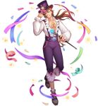  1boy artist_request bare_pectorals belt brown_hair chain confetti crystal dress felix_(gyee) gyee hand_on_headwear hat long_hair long_sleeves looking_at_viewer male_focus medallion multicolored_eyes official_art one_eye_closed open_clothes open_dress pants pectorals rainbow_eyes shoes smile socks solo staff transparent_background 
