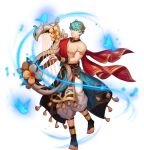  1boy anklet armband bare_pectorals belt biceps bird blue_eyes blue_hair bracelet chain collar flower gany_(gyee) gyee harem_pants harp instrument jewelry laurel_crown loincloth looking_at_viewer male_focus music notes official_art pants pectorals playing_instrument skirt smile solo toga transparent_background 