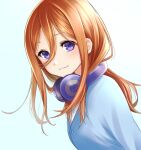  1girl bangs blue_cardigan blue_eyes brown_hair cardigan closed_mouth dress_shirt eyebrows_visible_through_hair go-toubun_no_hanayome hair_between_eyes headphones headphones_around_neck highres long_hair nakano_miku nikku(user_grkf3753) shiny shiny_hair shirt simple_background smile solo upper_body white_background white_shirt 