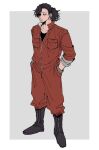  1boy alternate_costume black_eyes black_footwear black_hair black_shirt boku_no_hero_academia boots border closed_mouth commentary_request eraser_head_(boku_no_hero_academia) facial_hair full_body grey_background hands_in_pockets jumpsuit long_hair male_focus orange_jumpsuit outside_border ponytail rnuyvm shirt solo standing stubble white_border 