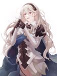  1girl absurdres armor bangs blue_cape blush cape commentary_request corrin_(fire_emblem) corrin_(fire_emblem)_(female) eyebrows_visible_through_hair fire_emblem fire_emblem_fates gloves hair_ornament hands_up headband highres long_hair long_sleeves open_mouth pointy_ears puffy_sleeves red_eyes simple_background smile soba_rkgk solo white_hair 