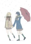  2girls :d ^_^ absurdres aihara_mei aihara_yuzu animal_print black_footwear black_hair blonde_hair blue_coat blush bow bowtie brown_coat brown_scarf brown_skirt citrus_(saburouta) closed_eyes coat facing_another glidesloe green_legwear highres holding holding_hands holding_umbrella kneehighs leopard_print loafers long_sleeves looking_up multiple_girls open_clothes open_coat open_mouth pleated_skirt print_scarf red_bow red_bowtie red_umbrella scarf shoes skirt smile snow snowing step-siblings sweater umbrella violet_eyes yellow_sweater 