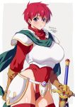  1girl adol_christin armor armored_leotard belt blue_eyes blush brown_gloves commission cowboy_shot dated genderswap genderswap_(mtf) gloves green_scarf grey_background highleg highleg_leotard highres leotard looking_at_viewer pauldrons pixiv_request red_legwear red_leotard redhead scarf shiny shiny_skin short_hair shoulder_armor signature simple_background solo standing sword thigh-highs very_short_hair weapon yajiro_masaru ys 