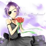  1girl black_dress blush bracelet breasts chrome_dokuro closed_mouth dress eyepatch flower jewelry katekyo_hitman_reborn looking_at_viewer purple_hair shiohari_kanna short_hair smile solo violet_eyes 