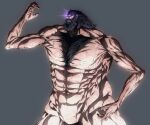  1boy abs absurdres beard black_hair character_request check_character chest_hair daisx_(dais0115) facial_hair giant giant_male glowing glowing_eyes highres large_pectorals long_hair male_focus monster official_style pectorals pointy_ears shingeki_no_kyojin solo titan_(shingeki_no_kyojin) violet_eyes 