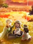  3girls absurdres blonde_hair blue_eyes blush brown_hair cayna_(leadale_no_daichi_nite) clouds dress eyebrows_visible_through_hair flower forest grass hair_between_eyes hair_ornament head_wreath highres key_visual lake leadale_no_daichi_nite long_hair long_sleeves looking_at_another luka_(leadale_no_daichi_nite) lytt_(leadale_no_daichi_nite) medium_hair mountainous_horizon multiple_girls nature official_art open_mouth pants promotional_art red_sky reflection short_hair short_sleeves sky smile star_(symbol) star_hair_ornament sunset tower tree white_flower 