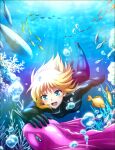  1girl absurdres air_bubble ass blonde_hair blue_eyes bodysuit breasts bubble cayna_(leadale_no_daichi_nite) coral coral_reef creature eyebrows_visible_through_hair fish freediving headpat highres key_visual leadale_no_daichi_nite light_blush medium_breasts official_art open_mouth petting promotional_art school_of_fish sunlight swimming underwater wetsuit 