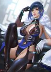  1girl arm_up bangs black_gloves blue_eyes blue_hair boots china_dress chinese_clothes couch dress elbow_gloves fingerless_gloves genshin_impact gloves latex latex_legwear looking_at_viewer nail open_mouth sade_abyss short_hair sitting solo thigh-highs window yelan_(genshin_impact) 