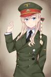  1girl absurdres adolf_hitler adolf_hitler_(cosplay) arm_behind_back bangs black_necktie blonde_hair blue_eyes braid closed_mouth commentary cosplay cross dress_shirt english_commentary germany green_ribbon grey_headwear grey_jacket hair_ribbon hat high_school_fleet highres insignia iron_cross jacket long_hair long_sleeves looking_at_viewer military military_hat military_uniform necktie peaked_cap ribbon shirt single_braid smile solo standing starguard uniform upper_body waving white_shirt wilhelmina_braunschweig_ingenohl_friedeburg wing_collar 