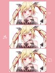  1girl :o =3 absurdres bangs black_bow black_dress black_ribbon blonde_hair blush bow character_request commentary demon_girl demon_tail demon_wings dress eyebrows_visible_through_hair fang heart heart-shaped_pupils heart_hands highres indie_virtual_youtuber long_hair looking_at_viewer multicolored_hair null_maru pink_background red_bow red_eyes redhead ribbon smile solo_focus streaked_hair symbol-shaped_pupils tail twintails virtual_youtuber wings 