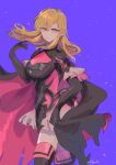  1girl armor bangs black_footwear black_gloves blonde_hair blue_background blush boots breasts brown_eyes cape cleavage_cutout closed_mouth clothing_cutout cowboy_shot elbow_gloves fes4 fire_emblem fire_emblem:_genealogy_of_the_holy_war gloves hand_on_own_chest lachesis_(fire_emblem) long_hair looking_at_viewer medium_breasts official_alternate_costume shoulder_armor simple_background smile solo sword thigh-highs thigh_boots torn_cape torn_clothes twitter_username weapon zettai_ryouiki 