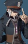  1boy black_coat black_headwear blue_background blurry closed_mouth coat commentary_request frown grey_eyes grey_hair hand_up hat high_collar highres ingo_(pokemon) long_sideburns male_focus peaked_cap pearl_clan_outfit pokemon pokemon_(game) pokemon_legends:_arceus short_hair sideburns simple_background solo trench_coat twitter_username yukifuri_tsuyu 
