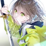  1girl bangs blue_sailor_collar brown_hair commentary_request eyebrows_visible_through_hair green_eyes green_jacket green_neckerchief hair_between_eyes highres holding holding_sword holding_weapon jacket looking_at_viewer miwano_rag neckerchief open_clothes open_jacket original sailor_collar shirt short_hair signature simple_background solo sword upper_body weapon white_background white_shirt 