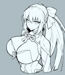  1girl alternate_breast_size bangs bow braid breasts dress eyebrows_visible_through_hair fate/grand_order fate_(series) hair_between_eyes hair_bow large_breasts long_hair looking_at_viewer melon22 monochrome morgan_le_fay_(fate) ponytail revealing_clothes simple_background solo upper_body 