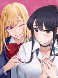  2girls blush bow bowtie cliov cosplay earrings highres jewelry kitagawa_marin kitagawa_marin_(cosplay) komi-san_wa_komyushou_desu komi_shouko komi_shouko_(cosplay) multiple_girls nail_polish necktie ring school_uniform sono_bisque_doll_wa_koi_wo_suru 