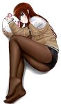  1girl black_shorts blue_eyes blush brown_hair brown_jacket brown_legwear closed_mouth fook_(gcts5284) full_body highres jacket legwear_under_shorts long_hair lying makise_kurisu on_side pantyhose shiny shiny_hair shirt short_shorts shorts smile solo steins;gate straight_hair upa_(steins;gate) white_shirt 