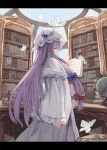  1girl bangs blunt_bangs book bookshelf bow bug butterfly crescent dress eyebrows_behind_hair hair_bow hair_ribbon hat highres indoors letterboxed library long_hair long_sleeves looking_at_viewer ookashippo patchouli_knowledge profile purple_hair ribbon sideways_glance solo touhou very_long_hair violet_eyes 