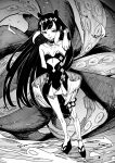  1girl bangs collarbone detached_sleeves dress flat_chest floating_hair fur_choker greyscale hair_behind_ear half-closed_eyes hand_in_own_hair highres hololive hololive_english long_hair longlong_(drasdr7513) low_wings monochrome ninomae_ina&#039;nis platform_footwear pointy_ears single_detached_sleeve single_thighhigh smile solo standing strapless strapless_dress tentacles thigh-highs tongue tongue_out tube_dress very_long_hair virtual_youtuber wings 
