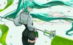  1girl aqua_hair aquarzaaa ass black_bodysuit black_gloves black_legwear bodysuit cowboy_shot flag floating_hair from_behind gloves green_eyes green_gloves hatsune_miku highres holding holding_flag long_hair looking_at_viewer looking_back racing_miku_(2022) shiny shiny_hair single_thighhigh solo standing thigh-highs twintails two-tone_gloves very_long_hair vocaloid 